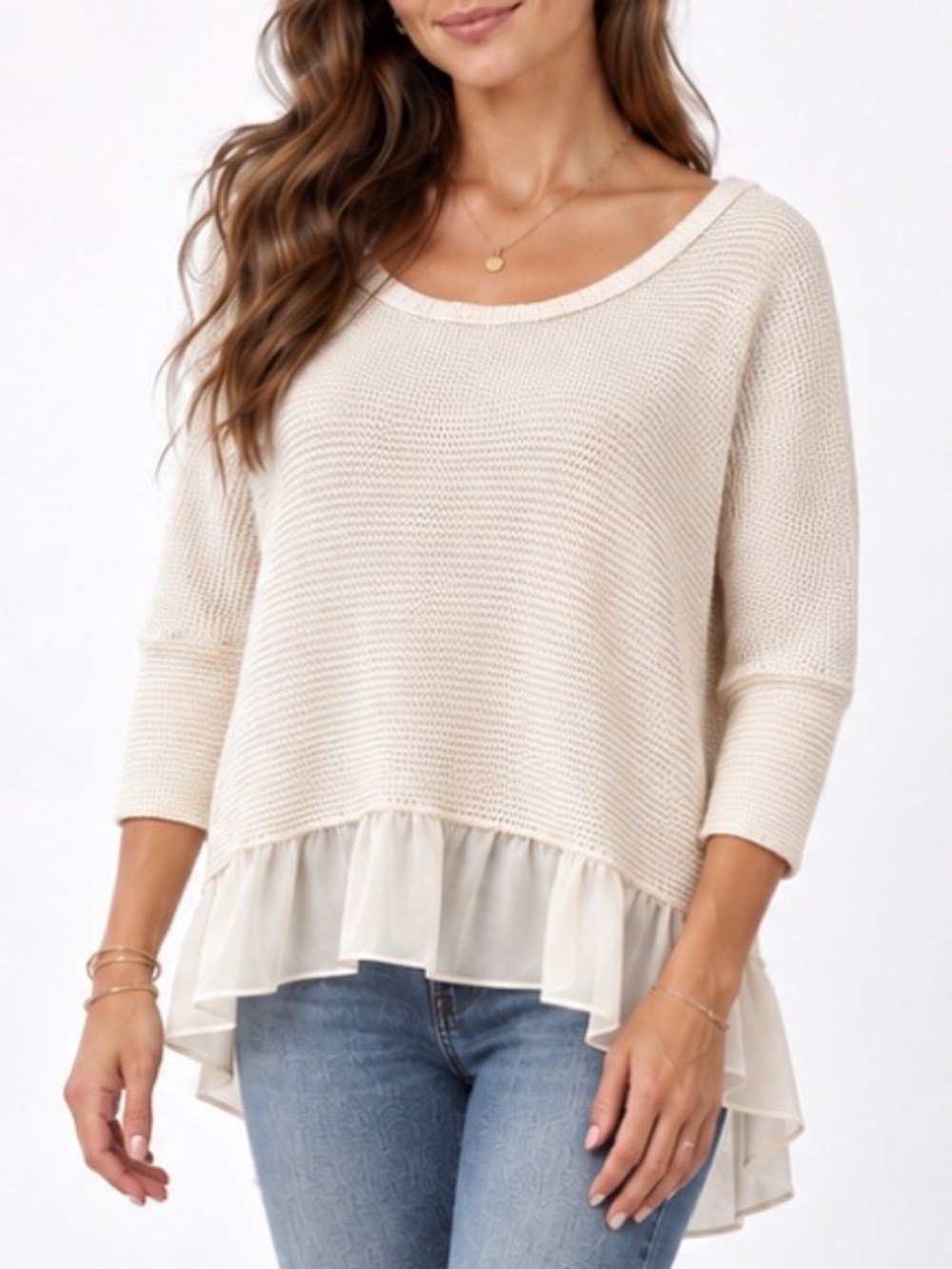 American Eagle Cream Slouchy Knit Sweater Top Chiffon Ruffle Hem Medium